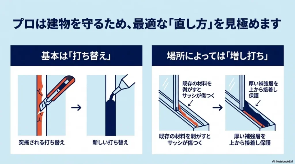 基本の打ち替え工程と、サッシを傷つけないための増し打ち(補強層接着)の使い分け方法の解説