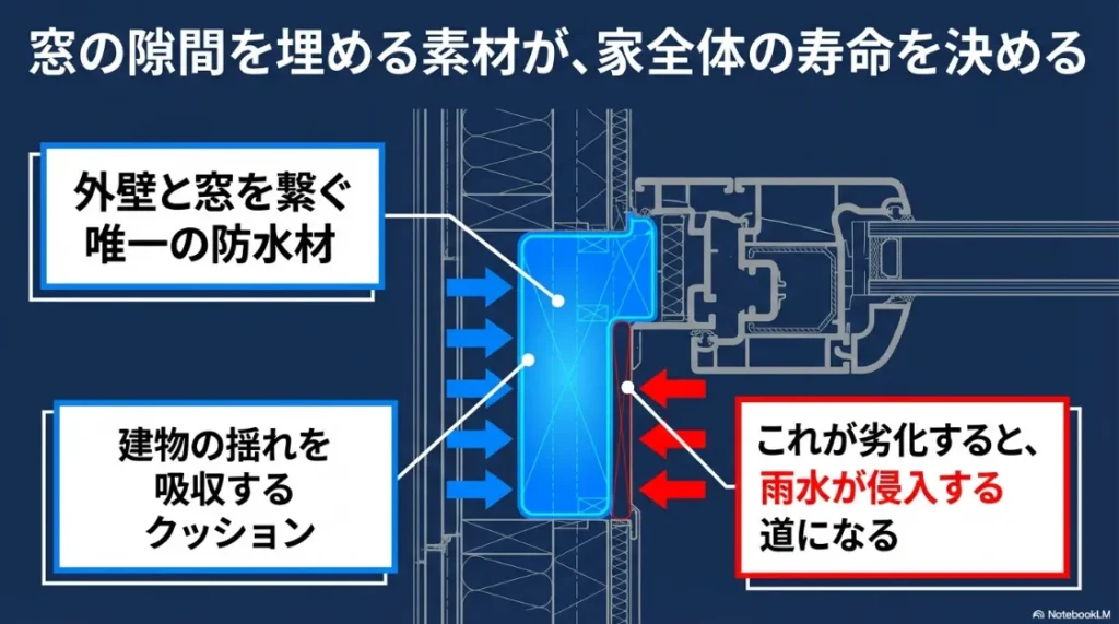 外壁と窓を繋ぎ、建物の揺れを吸収するクッションとしてのシーリングの役割
