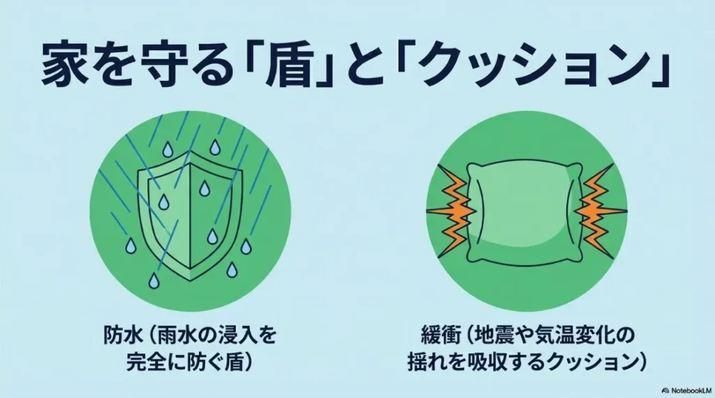 シーリングの役割を、雨水の浸入を防ぐ「盾（防水）」と、揺れを吸収する「クッション（緩衝）」に例えて解説する図解。