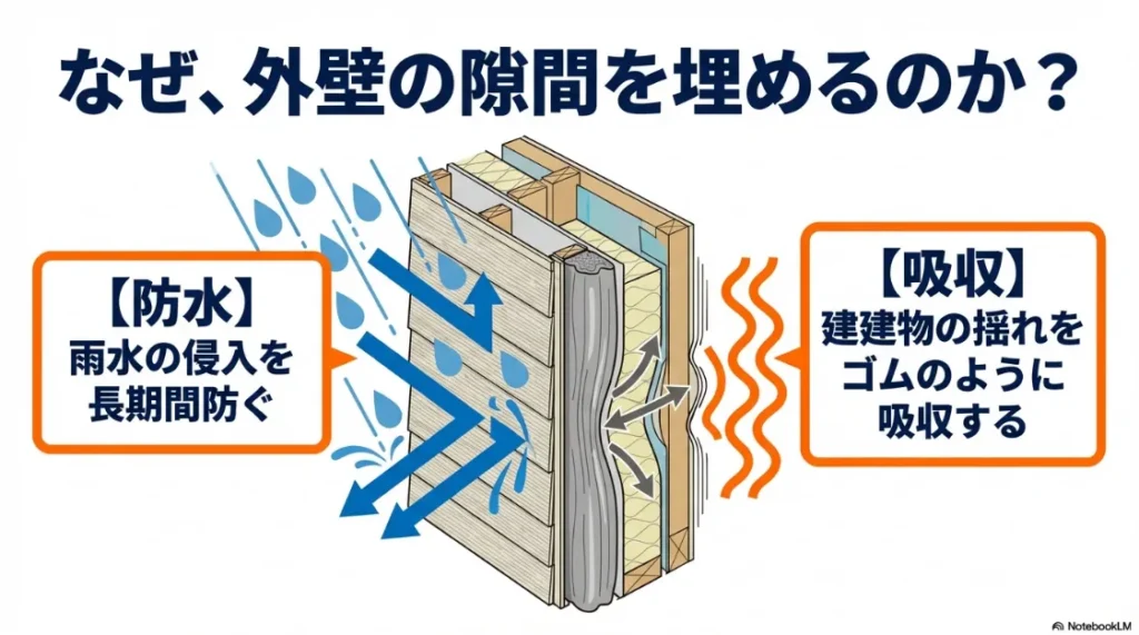 外壁の隙間を埋める理由として、雨水の侵入を防ぐ防水機能と建物の揺れを吸収する機能を説明する図解