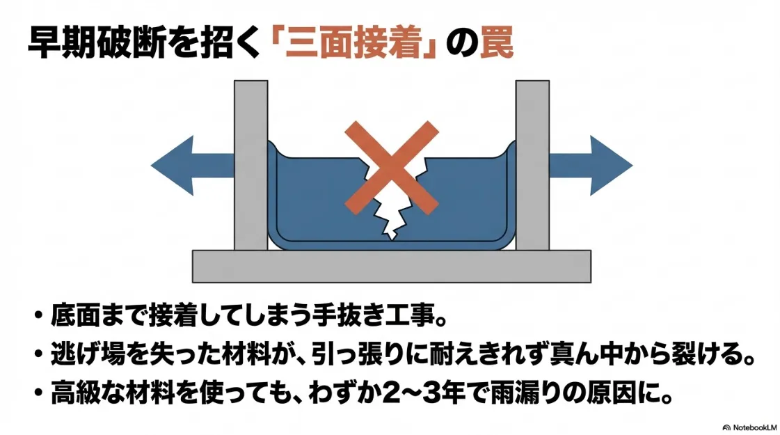 底面まで接着してしまい、シーリングが真ん中から裂ける「三面接着」のリスク