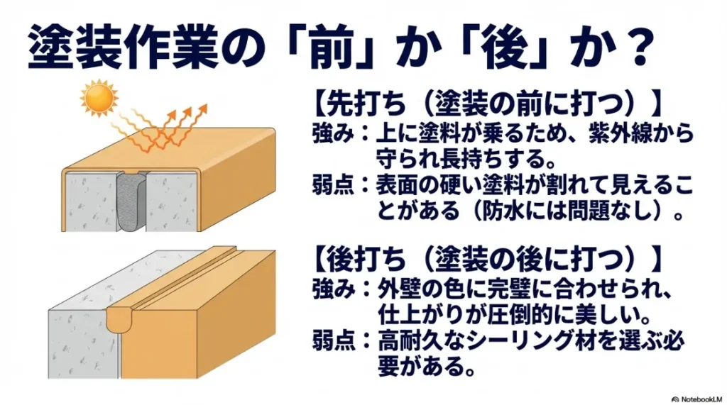 塗装前に打つ先打ちと塗装後に打つ後打ちについて、紫外線対策や美観の観点から比較したイラスト