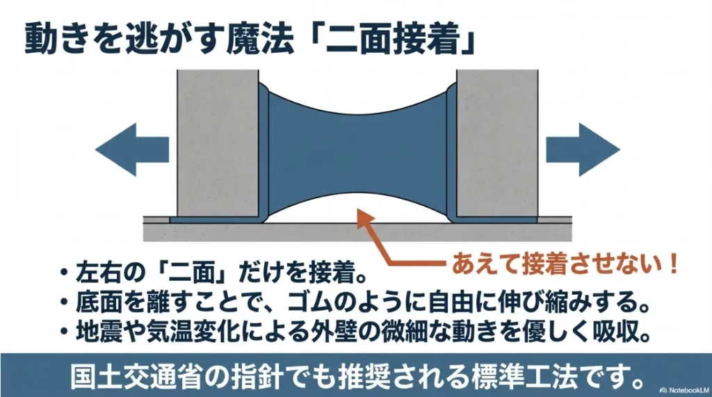 左右二面だけを接着させ、底面を離すことで動きを吸収する「二面接着」の仕組み