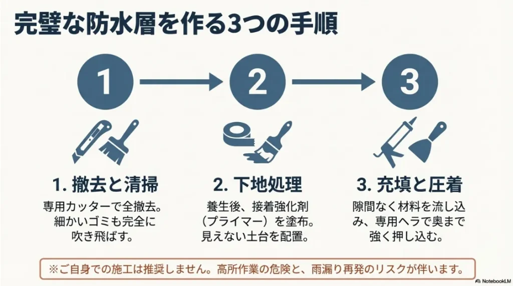 1.撤去・清掃、2.下地処理、3.充填・圧着の3ステップの施工手順