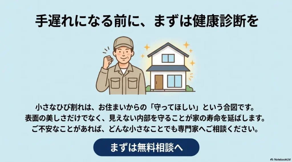 大切な住まいを長く守るための定期的な外壁診断とメンテナンスの重要性をまとめたスライド