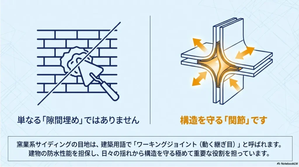 窯業系サイディングの目地が「ワーキングジョイント（動く継ぎ目）」として建物の防水と揺れから構造を守る役割を解説する図解。