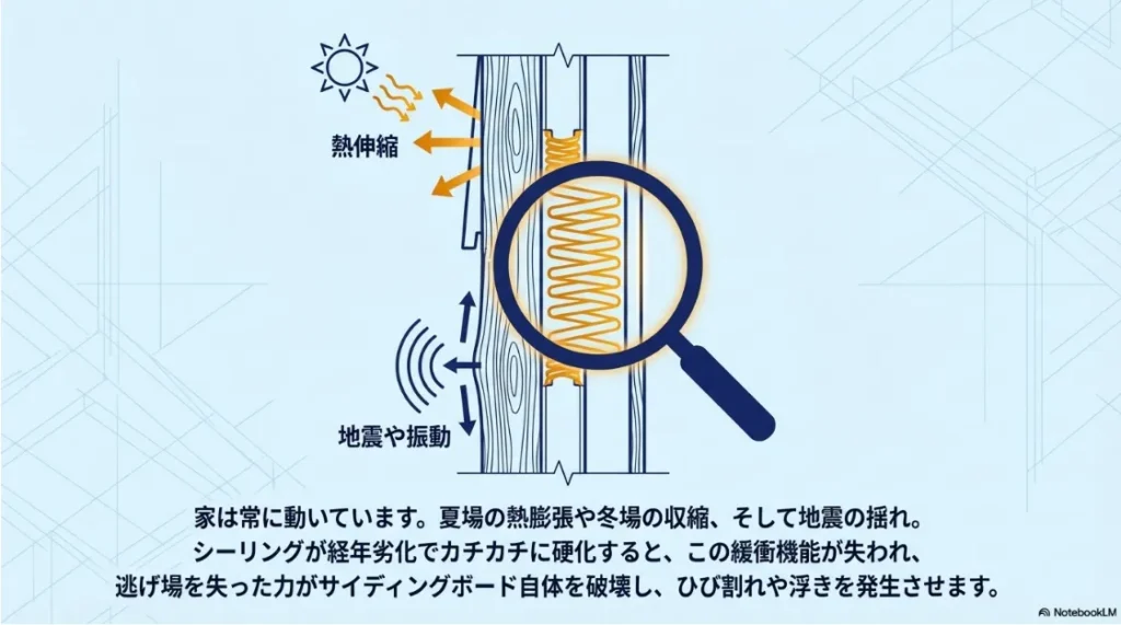 夏の熱膨張や冬の収縮、地震の揺れをシーリングが吸収し、サイディングのひび割れを防ぐ仕組みのイラスト。