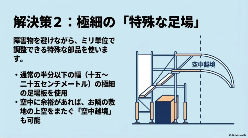 極細の特殊足場と、お隣の敷地上空をまたぐ「空中越境」の仕組み図。15〜25cmの細い足場板を使用する様子。