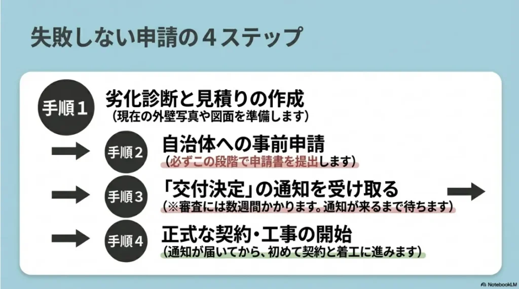 外壁補修補助金の申請4ステップ 。劣化診断 、事前申請 、交付決定の通知 、その後の正式契約・着工という正しい順序を解説 。
