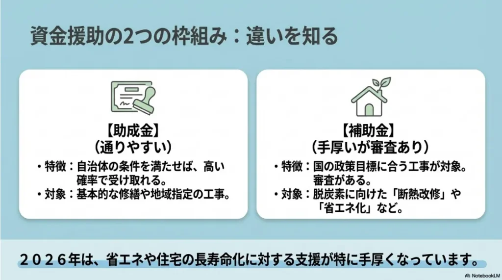 助成金と補助金の違いを解説した図。助成金は条件を満たせば通りやすく 、補助金は省エネ化などの政策目標に合う工事が対象で審査があります 。