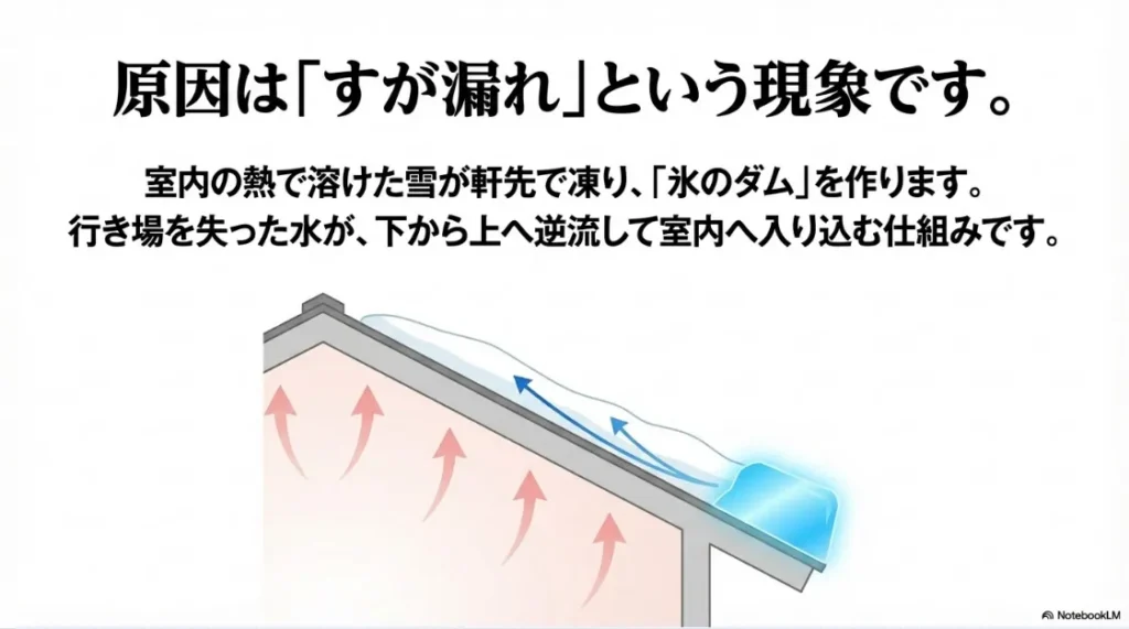 室内の熱で溶けた雪が軒先で凍り「氷のダム」を作って水が逆流する仕組みを図解したスライド