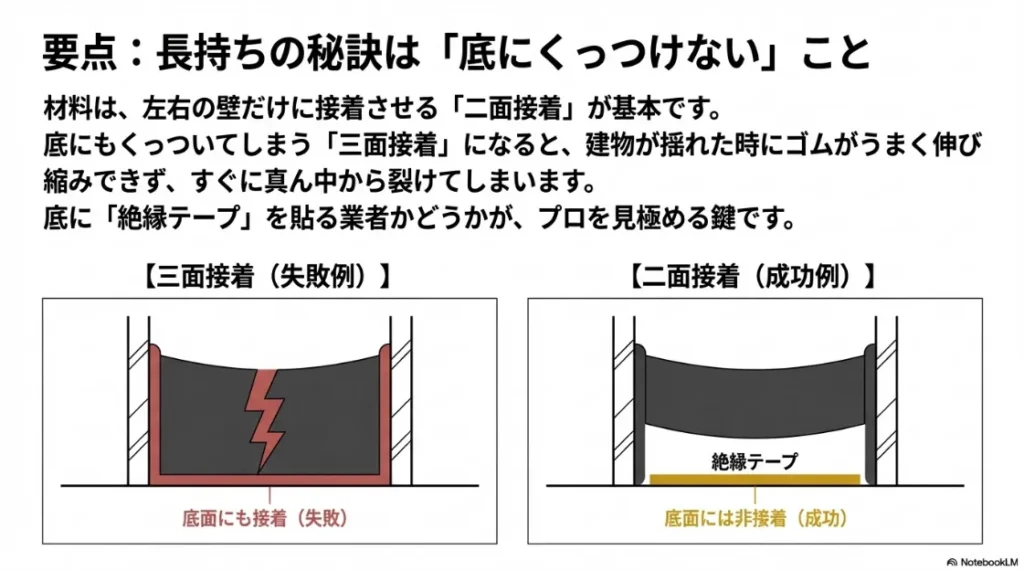 三面接着の失敗例と、絶縁テープ(ボンドブレーカー)を使用した正しい二面接着の成功例を比較した断面図。