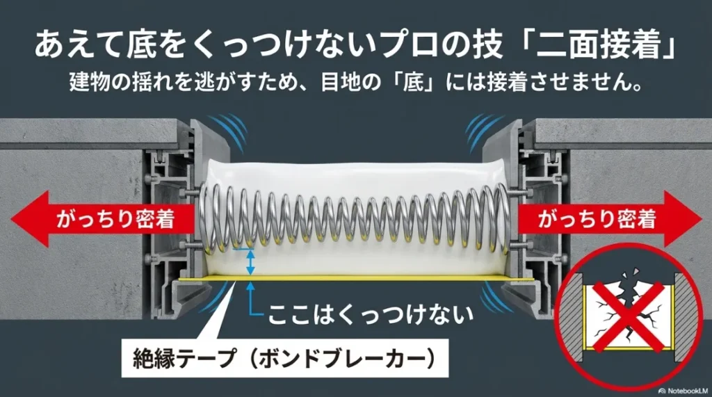 絶縁テープ（ボンドブレーカー）を使用して目地の底をくっつけず、揺れを逃がす二面接着の構造
