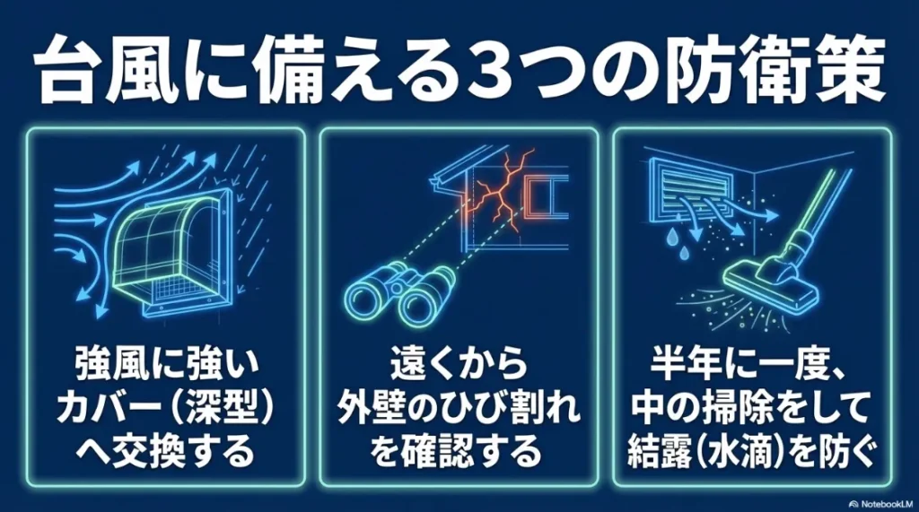 台風対策の3つの防衛策（深型カバー交換・ひび割れ確認・内部清掃）