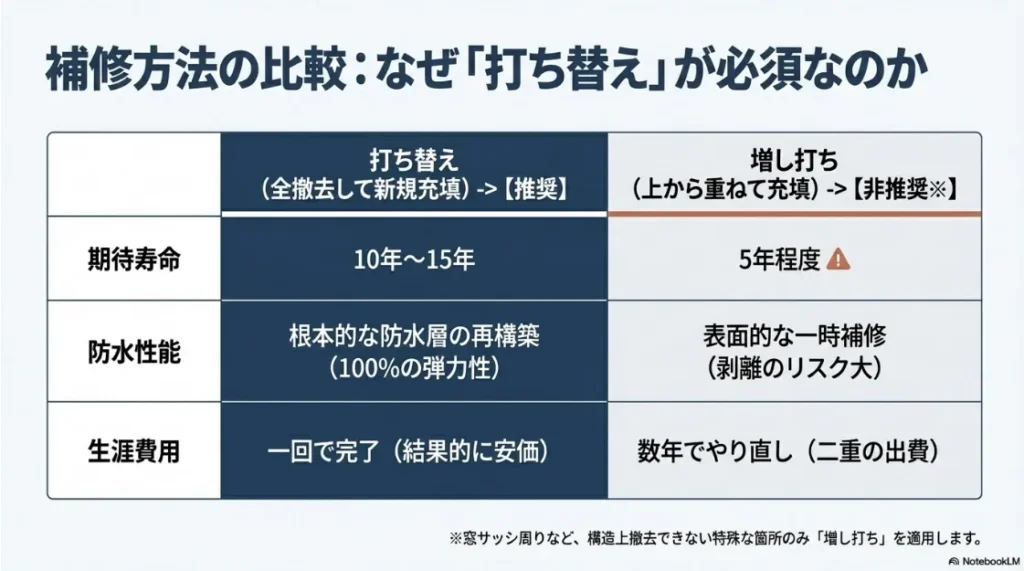 高い/安い」の直後	打ち替え（推奨）と増し打ち（非推奨）の寿命・性能・生涯費用の比較
