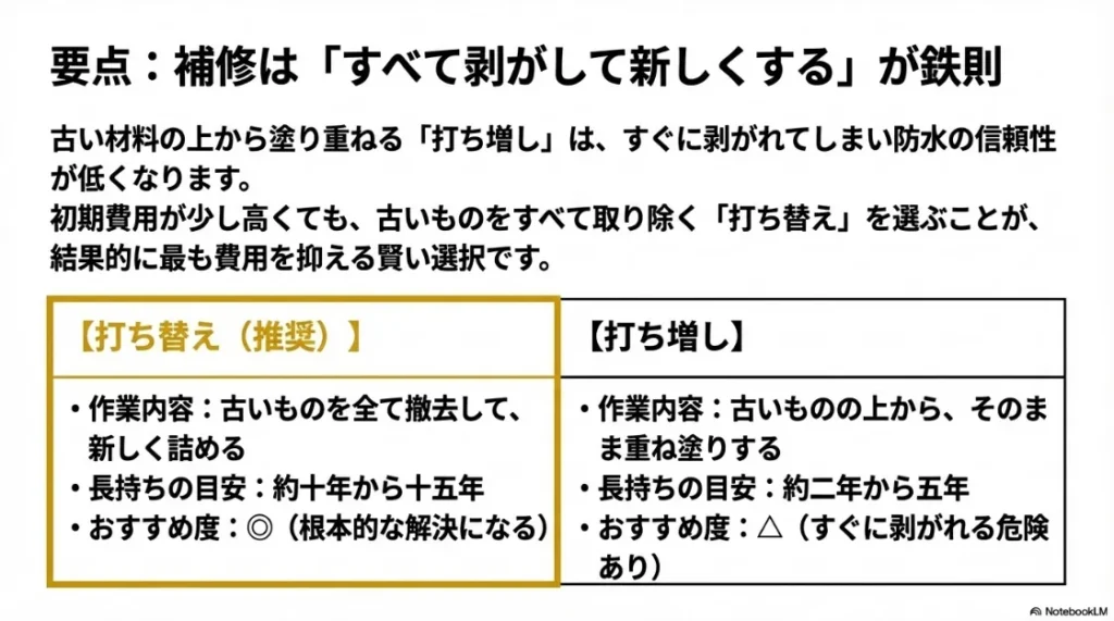 全て撤去する「打ち替え」と、重ね塗りする「打ち増し」の耐久年数やおすすめ度の比較表。
