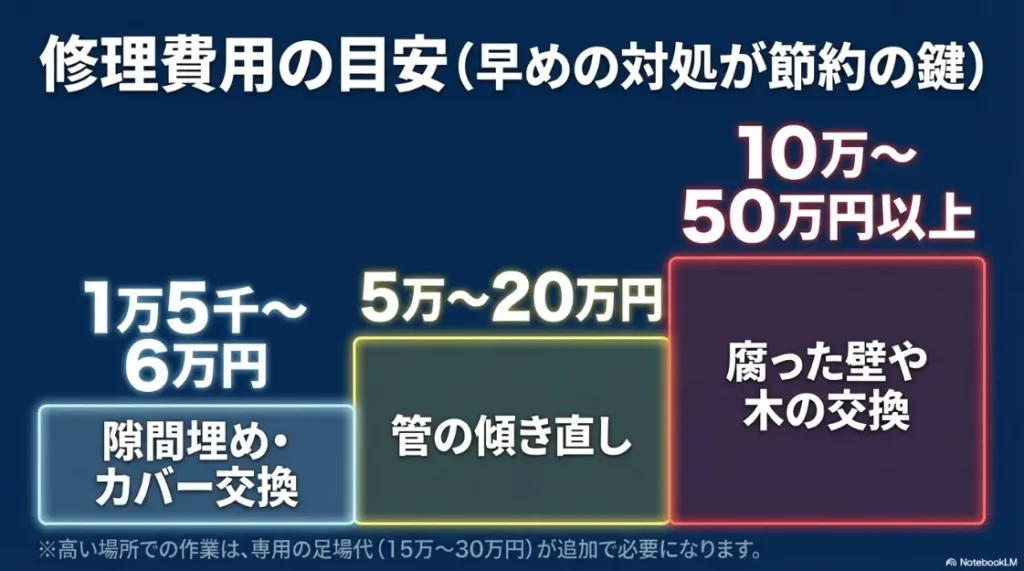隙間埋めからダクト修正、下地交換までの工事内容別・修理費用目安表