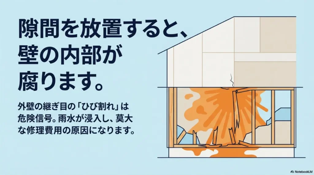 外壁の継ぎ目のひび割れから雨水が浸入し、壁の内部の構造材が腐食していく様子を描いたイラスト。