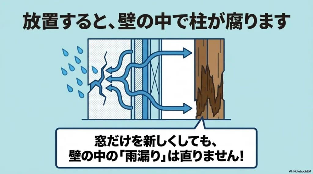 壁のひび割れから雨水が侵入し、内部の構造材や柱が腐食していくメカニズムの図解。