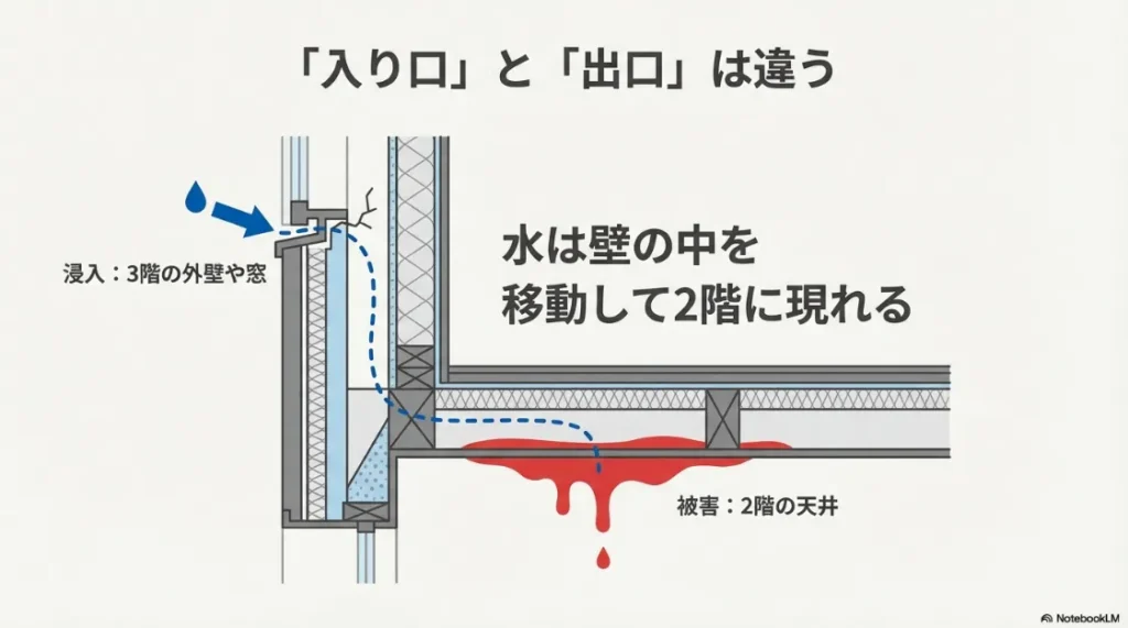 3階の外壁や窓から入った雨水が壁の内部を通り、2階の天井から漏れ出す仕組みの断面図