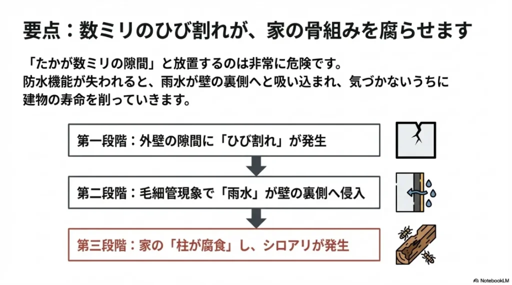 数ミリの隙間から雨水が侵入し、毛細管現象で柱が腐食、シロアリが発生する3つの段階を説明した図。