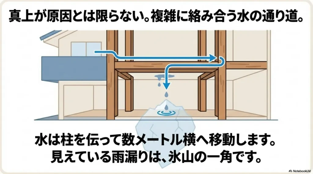 雨水が柱を伝って数メートル横へ移動し、一階に漏れ出す仕組みの図解