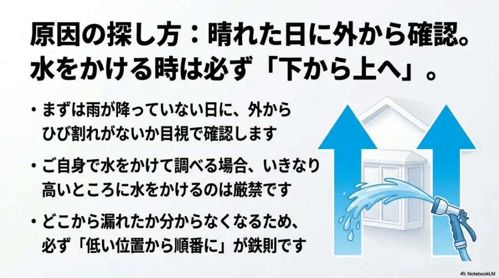 雨漏りの原因を探す際、水をかけるのは必ず低い位置から順番に行うべきであることを示すイラスト。