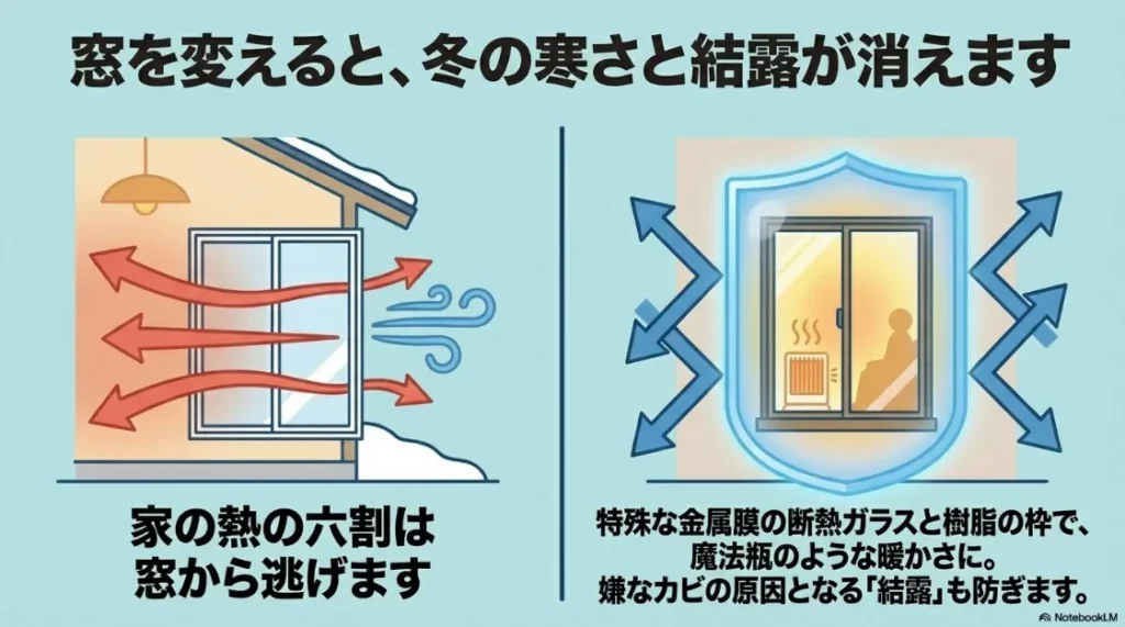 窓から逃げる熱の割合と、断熱ガラス・樹脂サッシによって魔法瓶のような暖かさを保ち結露を防ぐイメージ図。