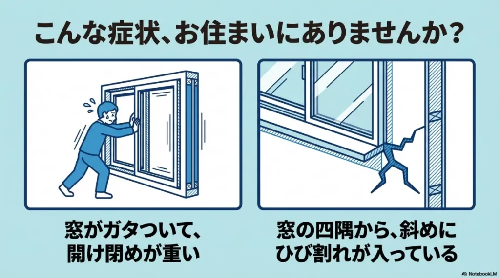 窓の開閉が重い症状と、サッシの四隅から発生した斜めのひび割れ（開口クラック）のイラスト。