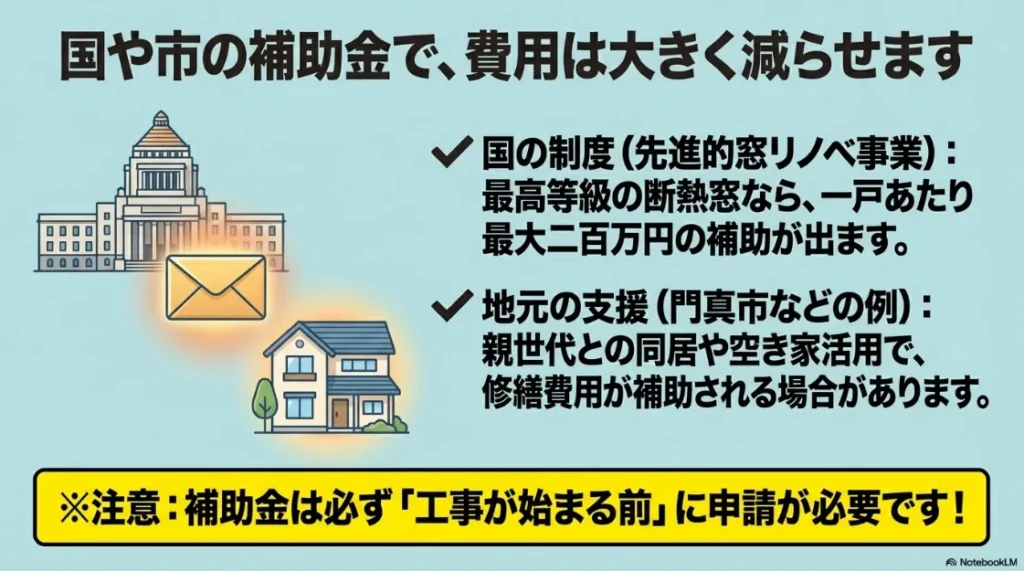 国の先進的窓リノベ事業で最大200万円の補助が出る点と、門真市などの自治体支援制度の紹介、事前申請が必要であることの注意書き。