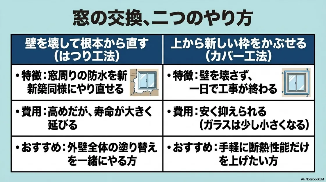 壁を壊して根本から直す「はつり工法」と、枠を被せる「カバー工法」の特徴、費用、おすすめの人をまとめた比較表。
