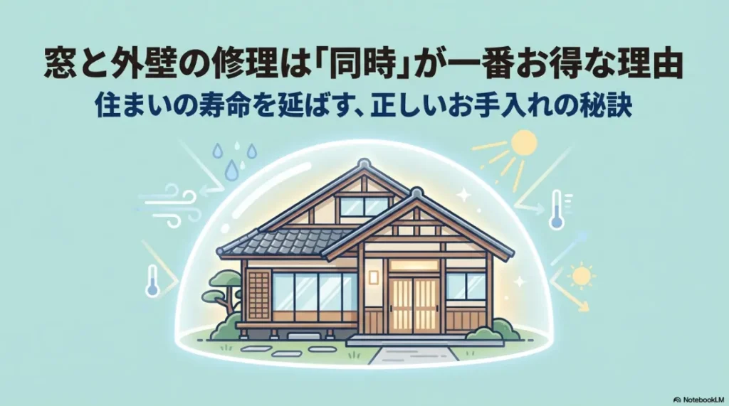 窓と外壁の同時修理が住まいの寿命を延ばす秘訣であることを示すイメージ画像。