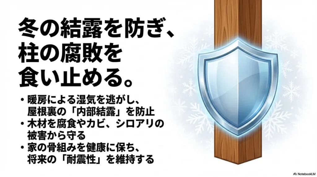 内部結露を防ぎ、カビやシロアリ、耐震性を維持するメリット
