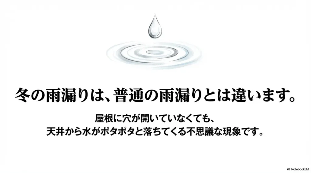 水滴が波紋を広げるイラストと共に、冬の雨漏りは屋根に穴がなくても発生する不思議な現象であることを説明するスライド