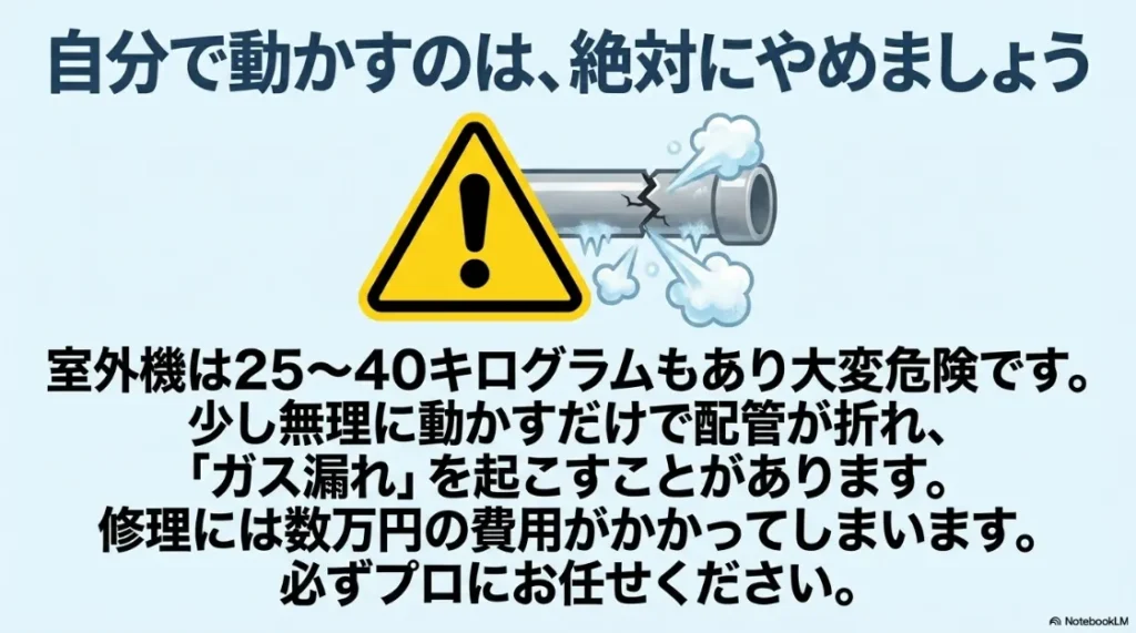 室外機を自分で動かす危険性の警告。重量による転倒リスクや、配管の折れによる冷媒ガス漏れ・修理費用の発生を説明。