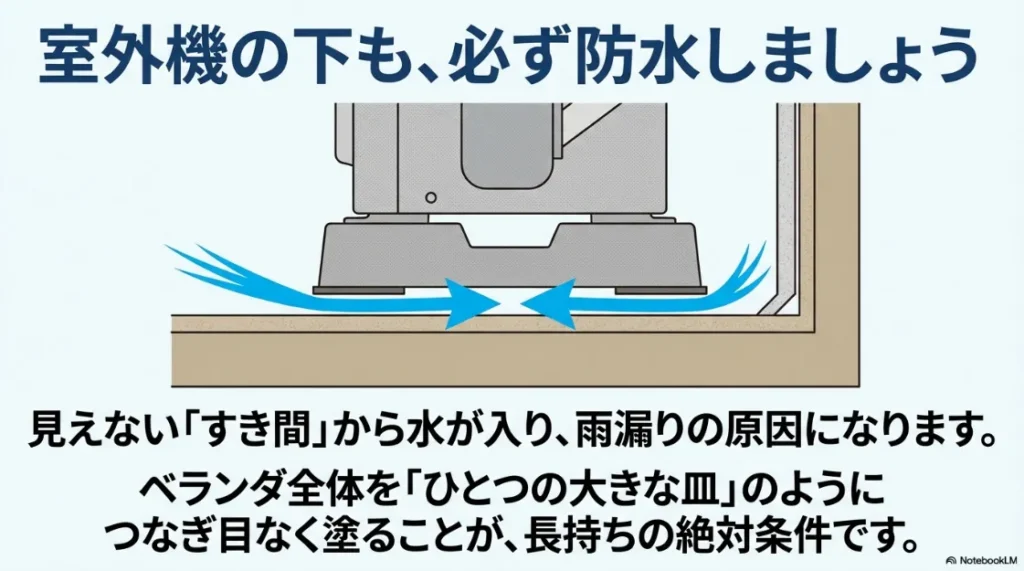 室外機の下まで防水塗装をする重要性のイメージ。ベランダ全体をつなぎ目のない一つの皿のように塗ることで雨漏りを防ぐ。