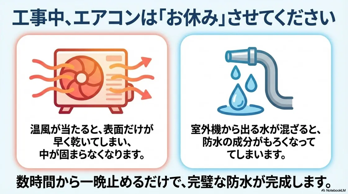 防水工事中にエアコンを止める理由の図解。温風による異常乾燥やドレン排水による硬化不良のリスクを説明。