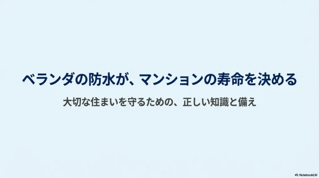 マンションの寿命を決めるベランダ防水についてのタイトルスライド