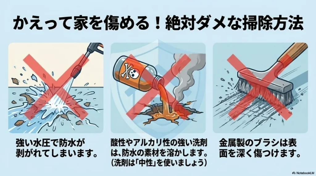 高圧洗浄、強い洗剤、金属ブラシなど、防水層を傷める絶対にやってはいけない掃除方法。