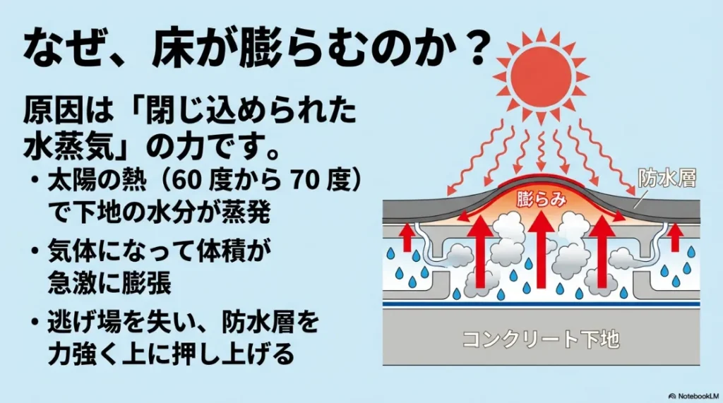 太陽熱で下地の水分が蒸発し、水蒸気の膨張によって防水層が押し上げられる熱力学的なメカニズムの図解。