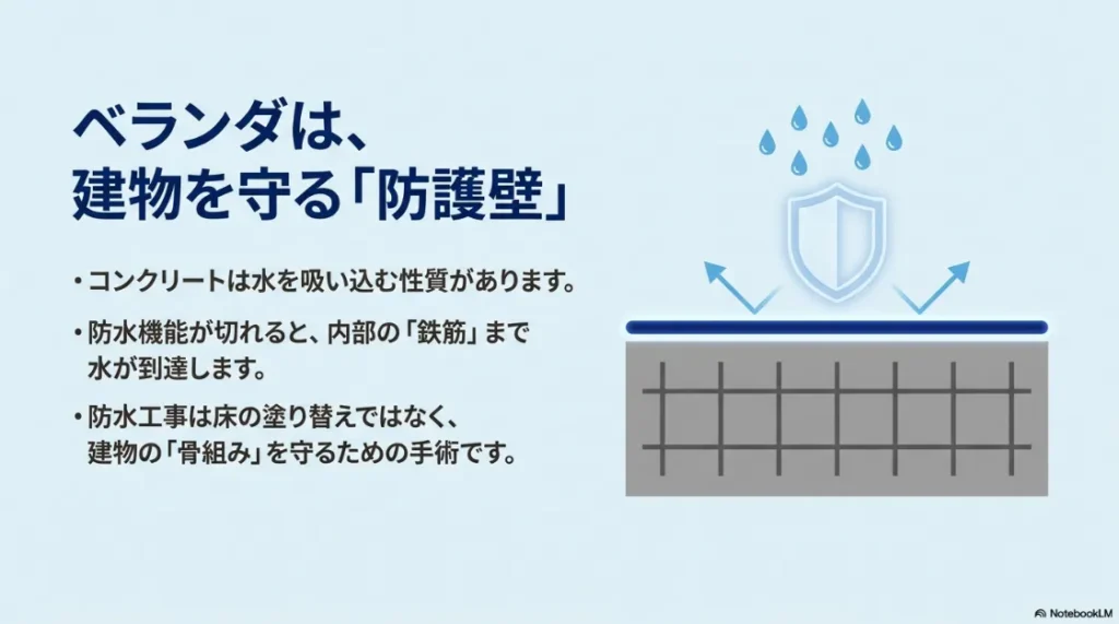 コンクリート内の鉄筋を水から守るベランダ防水の仕組みの図解