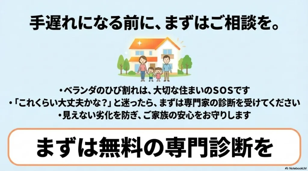 住まいのSOSに早めに対処し、家族の安心を守るための専門家相談を促すスライド