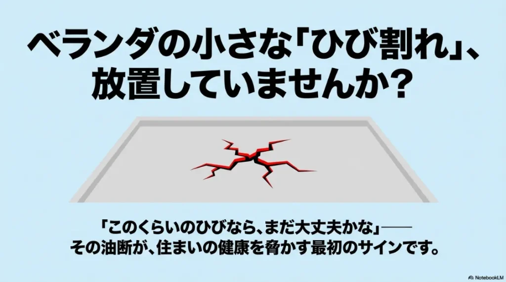 ベランダの小さなひび割れを放置することへの注意を促す、ひび割れのイメージ画像と導入スライド。