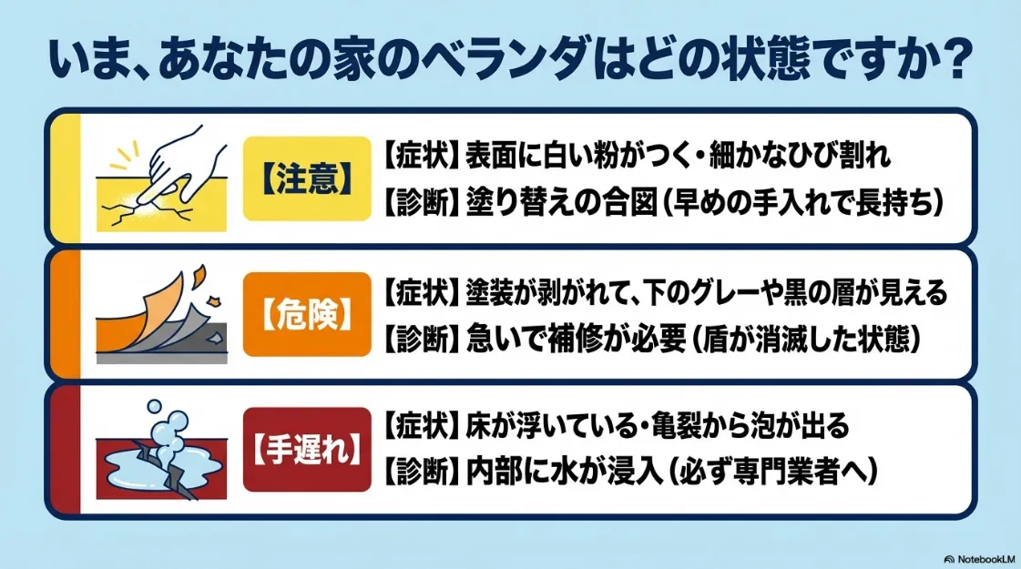 ベランダの劣化診断表。白い粉、塗装の剥がれ、床の浮きや泡による注意・危険・手遅れの判断基準
