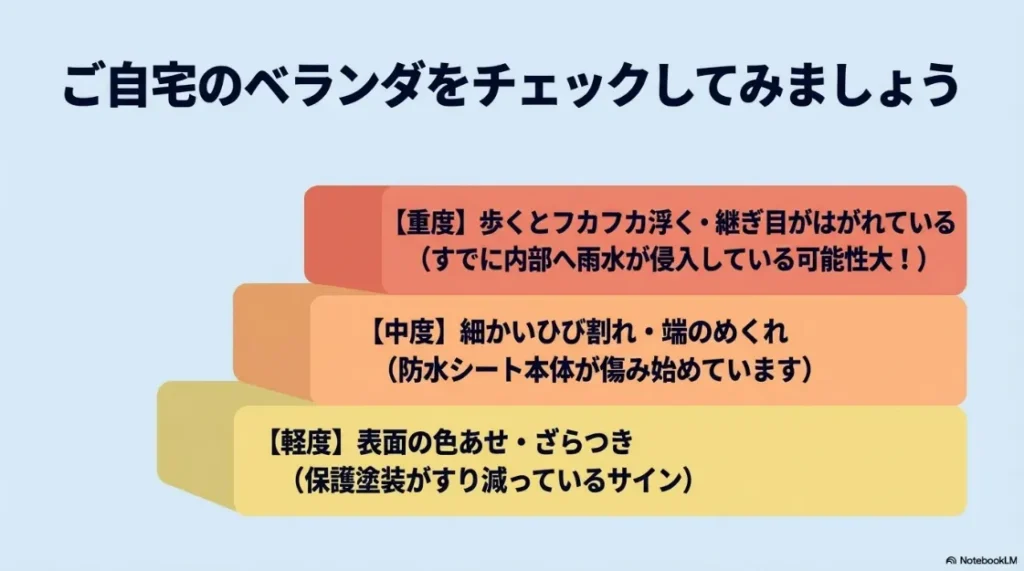 ベランダの劣化診断チェック。軽度（色あせ）、中度（ひび割れ）、重度（浮き・はがれ）の症状解説。