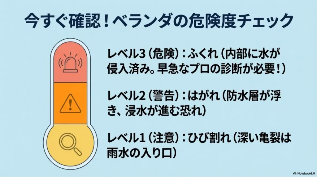 ベランダの危険度チェック表。レベル1のひび割れ、レベル2のはがれ、レベル3のふくれ（内部浸水）の緊急度を説明。