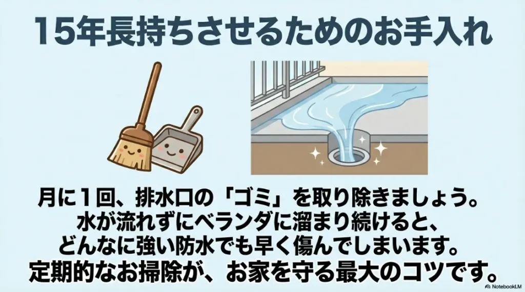 ベランダ防水を長持ちさせるコツ。月に1回、排水口のゴミを取り除く定期的な掃除が建物を守るポイント。