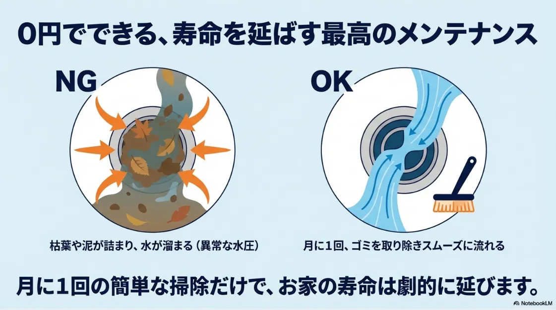 ベランダ排水口の掃除による寿命延長。ゴミ詰まりによるプールの防止とスムーズな排水の重要性。