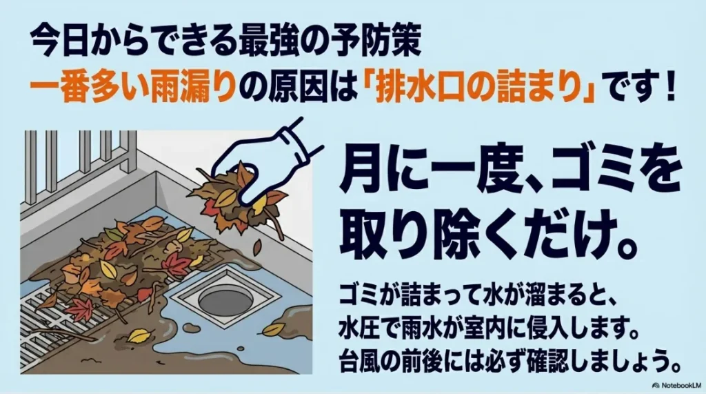 ベランダの排水口（ドレン）に溜まった落ち葉などのゴミを取り除く様子を描いたイラスト。月1回の清掃が最強の予防策であると説明。