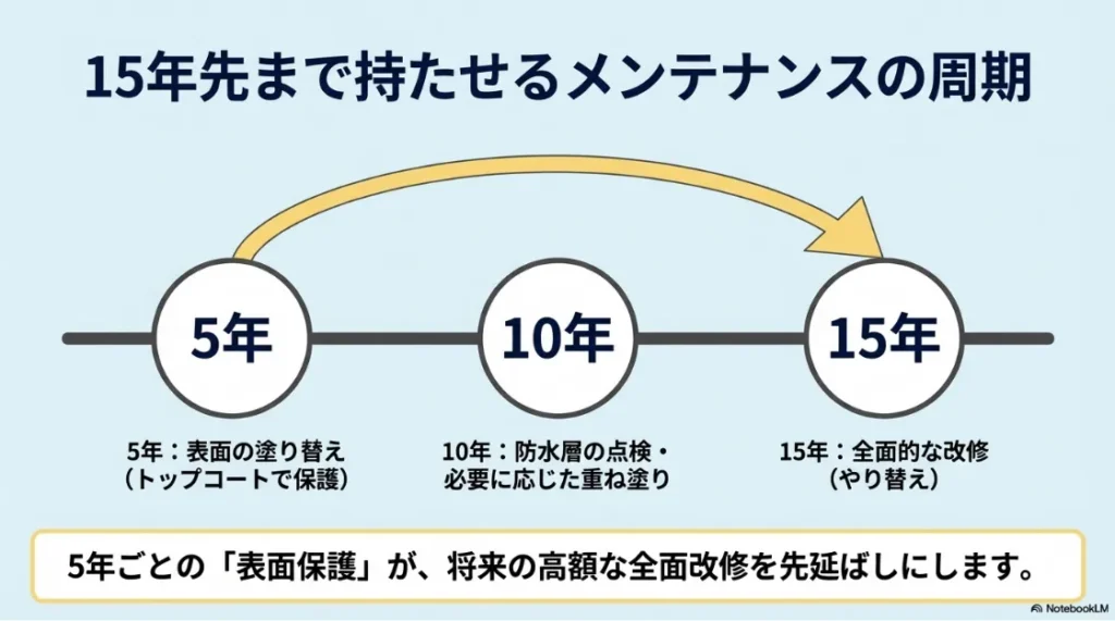 15年先まで防水を持たせるためのメンテナンス周期。5年でトップコート塗り替え、10年で防水層点検、15年で全面改修のタイムライン。